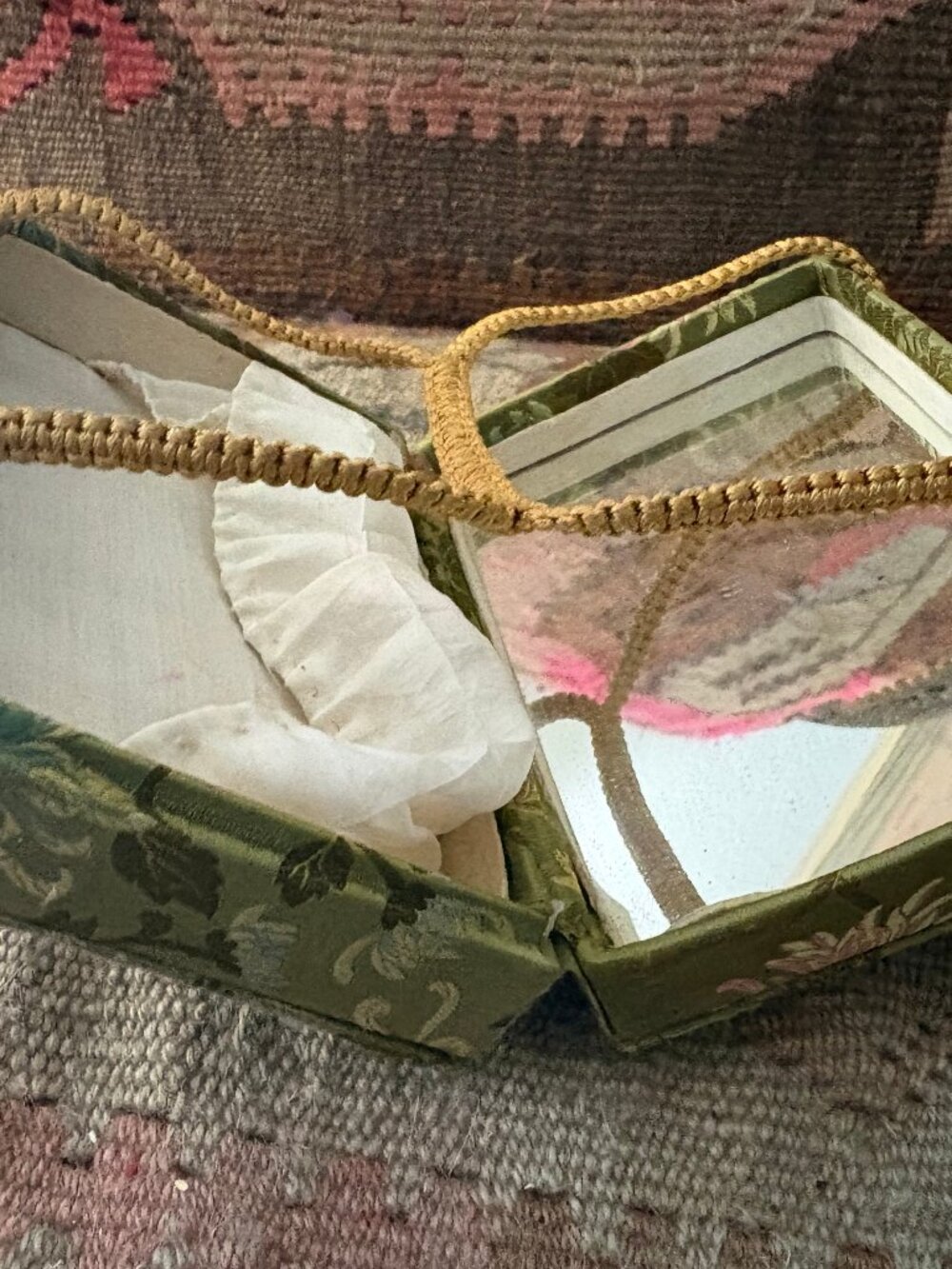 Vintage Green Floral Brocade Box Purse Handbag w Mirror - Picture 5 of 7
